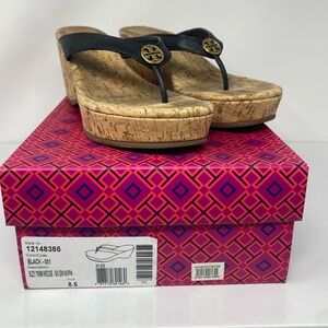 Tory Burch Sz 8.5 Black Suzy Leather Wedge Thin Straps Cork Sandals